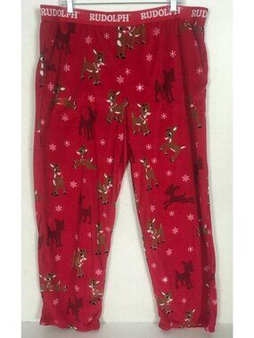 Rudolph Pajama Bottoms Size XL Red w White Snow Flakes Rudolph Reindeer Pockets